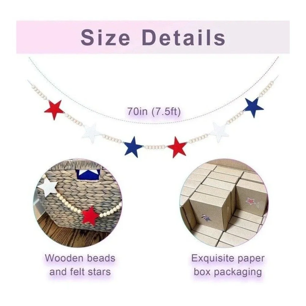 4th of July/Vet Patriotic Garland Wood Bead Garland Mantel Red White Blue 7.5 Ft